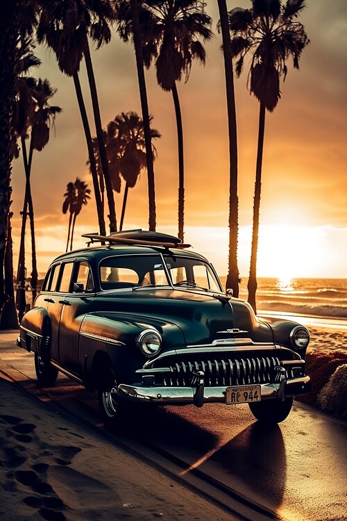 Poster Vintage Woody Car, Sunset, coastal road