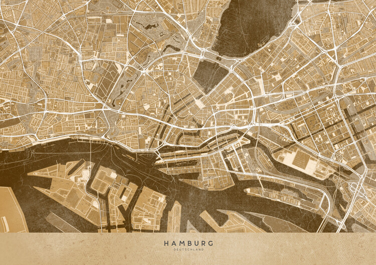 Poster Sepia vintage map of Hamburg downtown