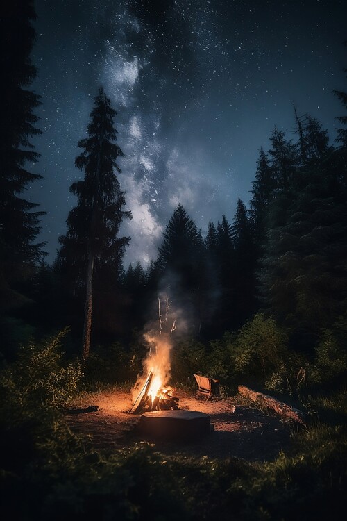 Poster Cozy campfire in a forest clearing