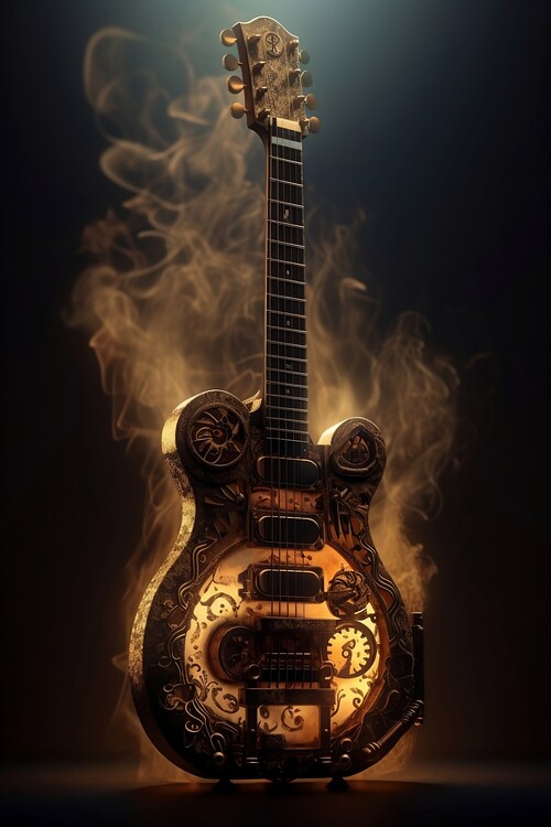 Poster An epic steampunk guitar with smoke and fire shooting out