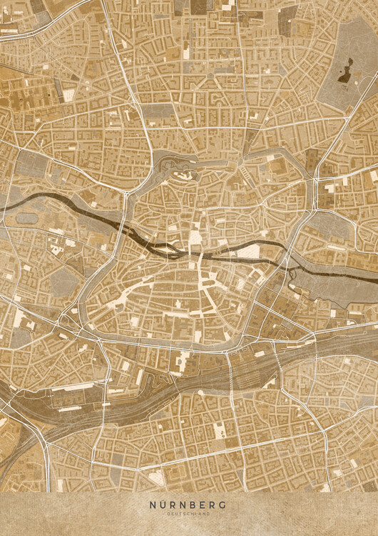 Poster Sepia vintage map of Nürnberg Nuremberg downtown