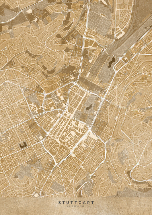 Poster Sepia vintage map of Stuttgart downtown