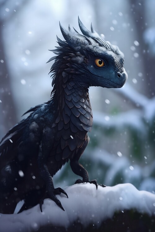 Poster Cute black dragon in snowy forrest