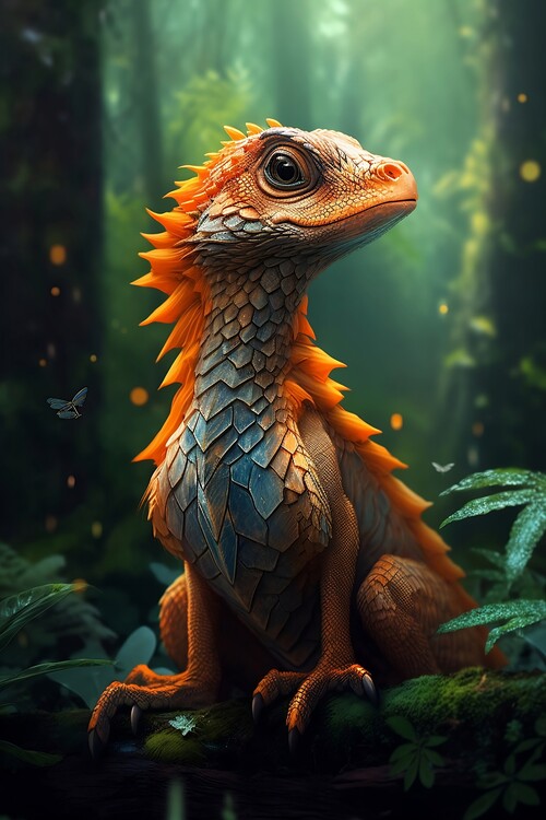 Poster Cute orange dragon sitting in a lush forest