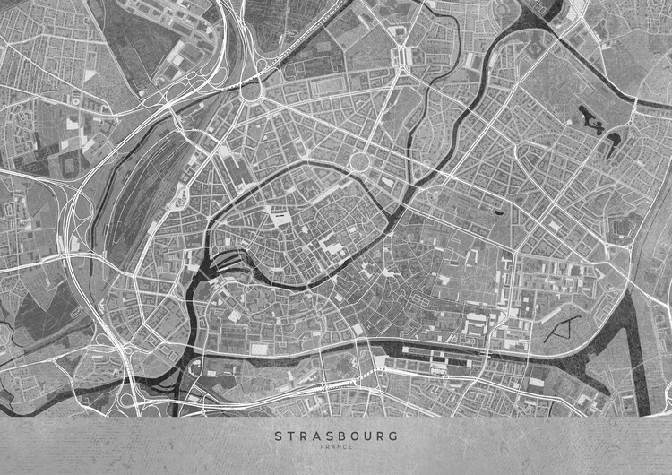 Poster Gray vintage map of Strasbourg downtown (France)
