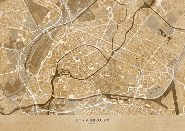 Poster Sepia vintage map of Strasbourg downtown (France)