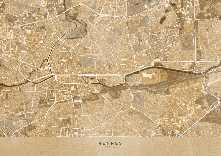 Poster Sepia vintage map of Rennes (France)
