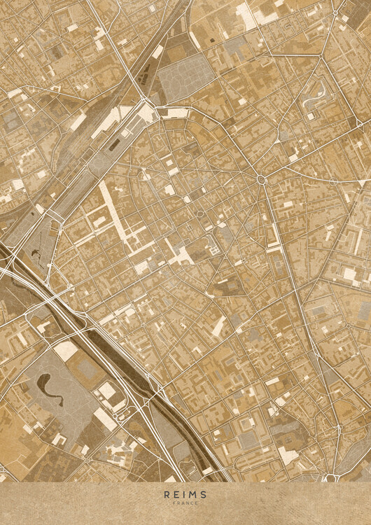 Poster Sepia vintage map of Reims downtown (France)