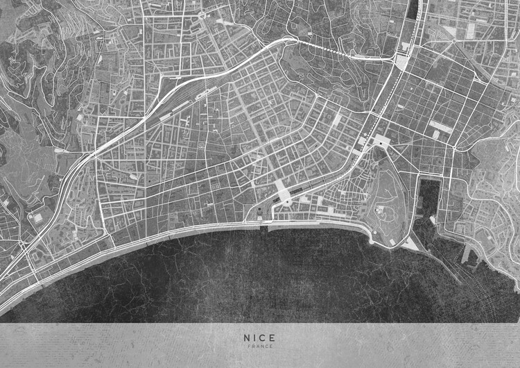 Poster Gray vintage map of Nice downtown (France)