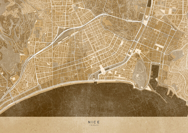 Poster Sepia vintage map of Nice downtown (France)