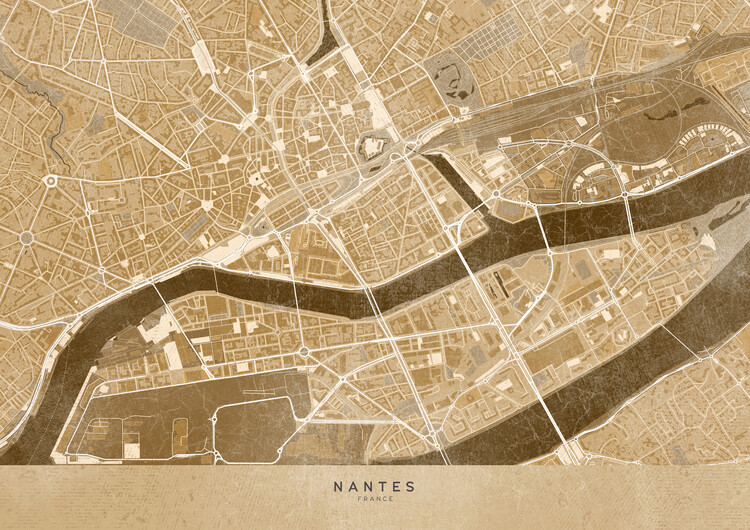 Poster Sepia vintage map of Nantes downtown (France)