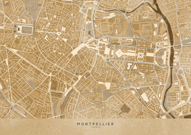 Poster Sepia vintage map of Montpellier downtown (France)