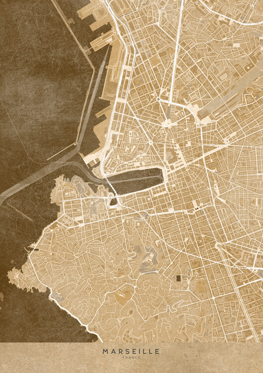 Poster Sepia vintage map of Marseille downtown (France)