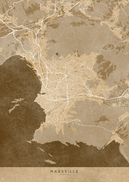 Poster Sepia vintage map of Marseille (France)