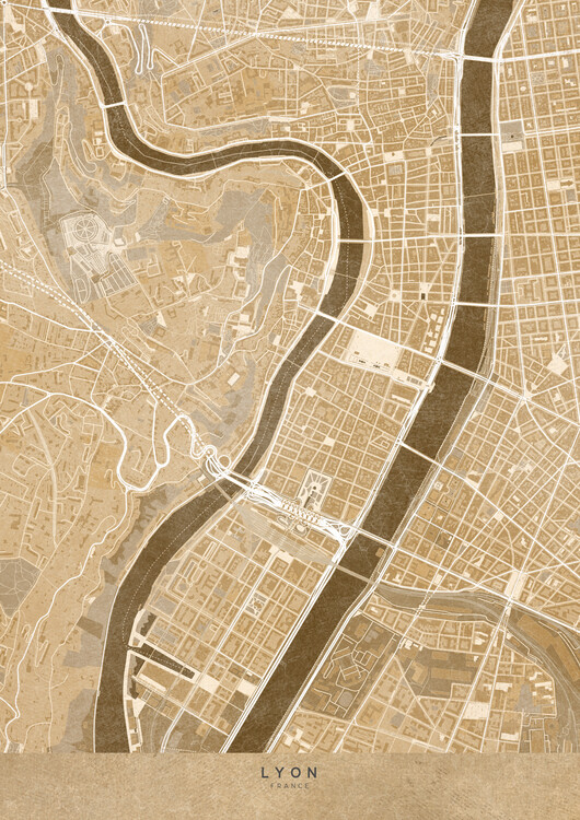 Poster Sepia vintage map of Lyon downtown (France)