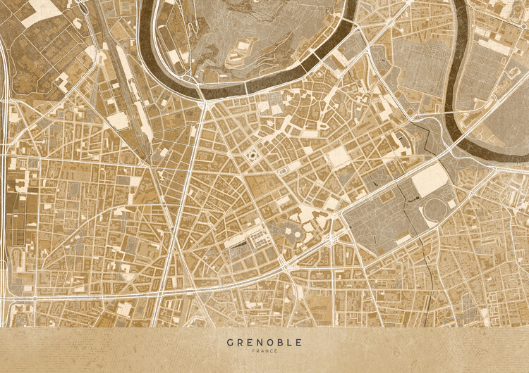 Poster Sepia vintage map of Grenoble downtown (France)