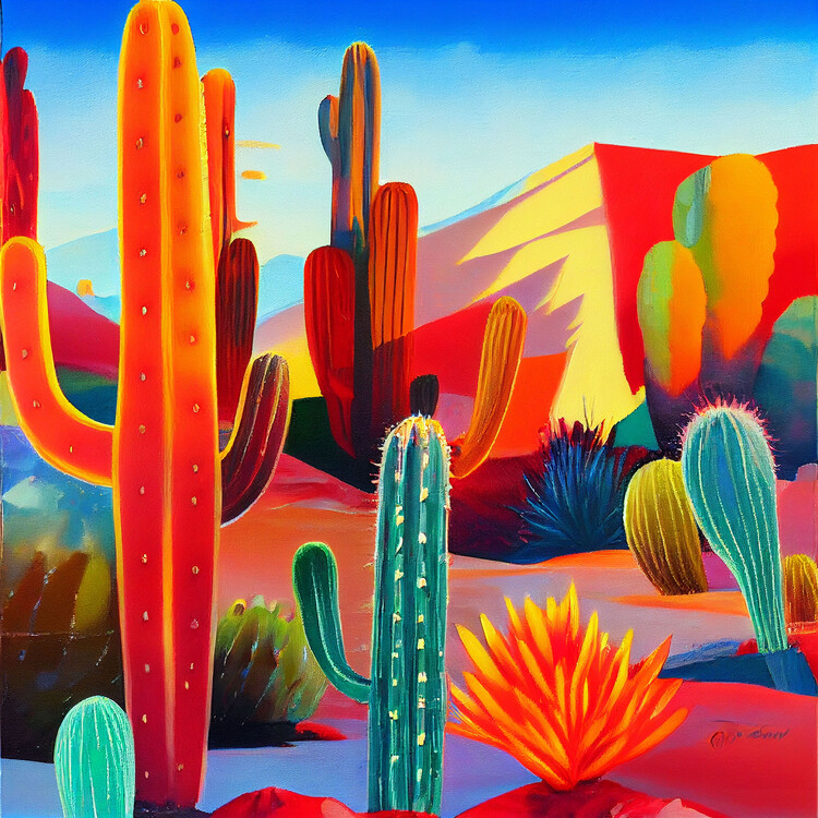 Poster Digital painting of desert cacti in warm colors