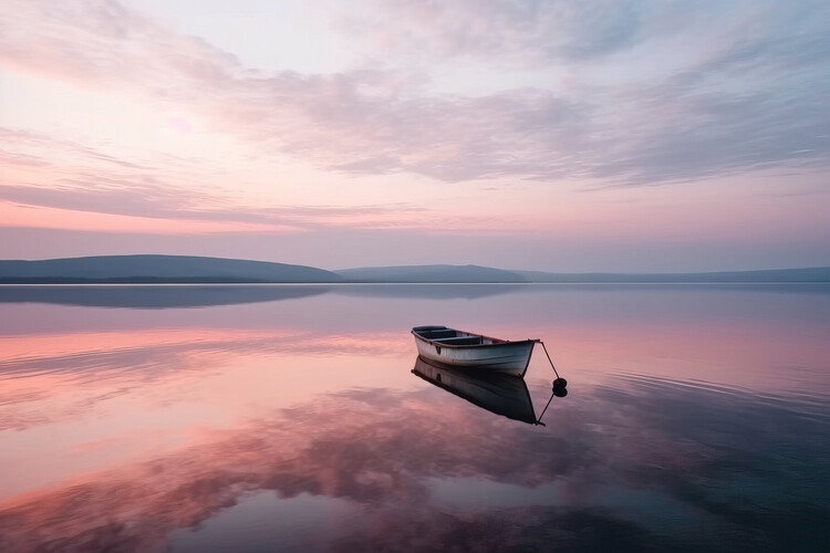 Poster Landscape of a boat on a lake at sunset