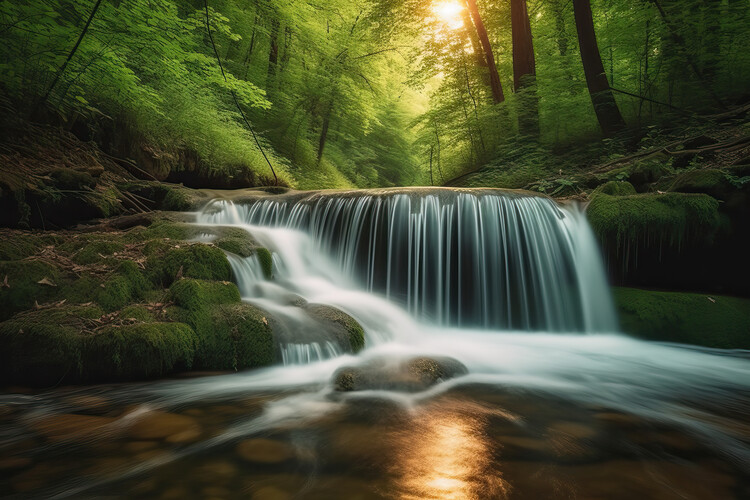 Poster Waterfall in a green forest