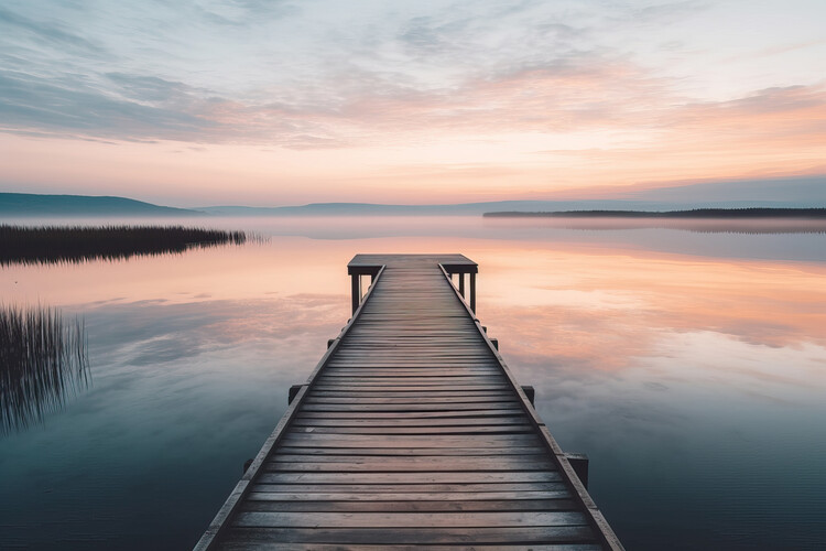 Poster Wooden footbridge in the middle of a lake