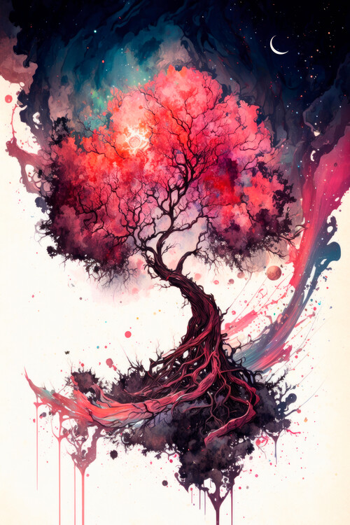 Плакат Cosmic red yggdrasil painted by watercolor