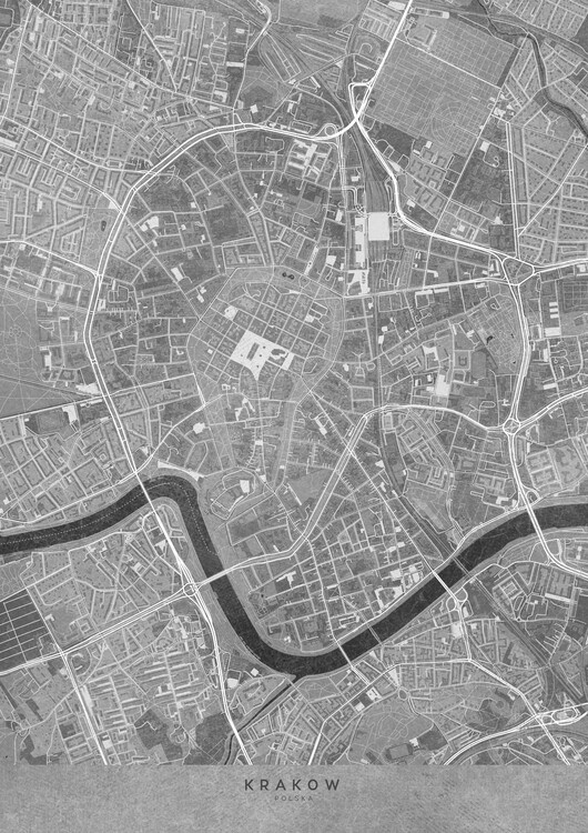 Poster Map of Krakow downtown (Poland) in gray vintage style