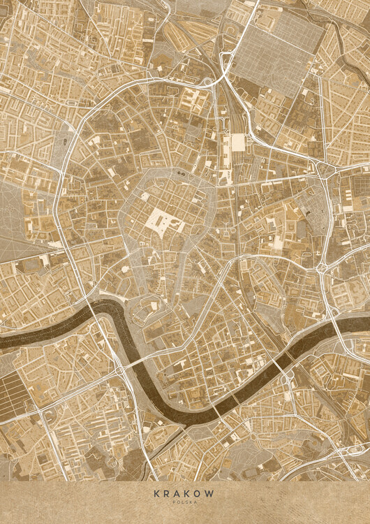 Poster Map of Krakow downtown (Poland) in sepia vintage style