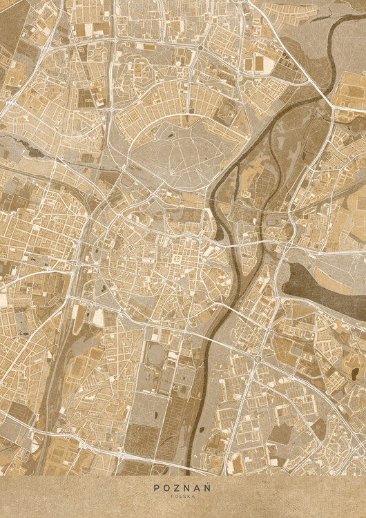 Poster Map of Poznan (Poland) in sepia vintage style