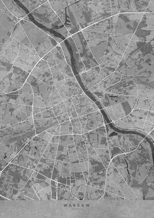 Poster Map of Warsaw (Poland) in gray vintage style