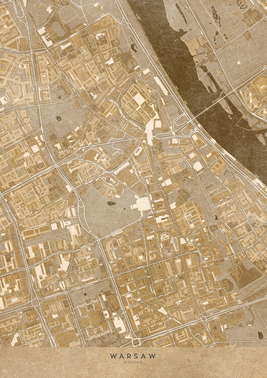 Poster Map of Warsaw downtown (Poland) in sepia vintage style