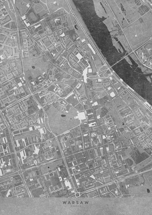 Poster Map of Warsaw downtown (Poland) in gray vintage style