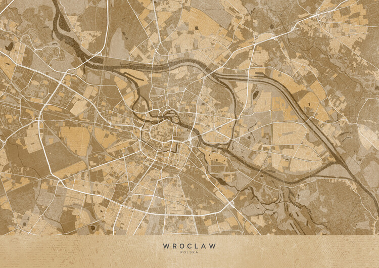 Poster Map of Wroclaw (Poland) in sepia vintage style