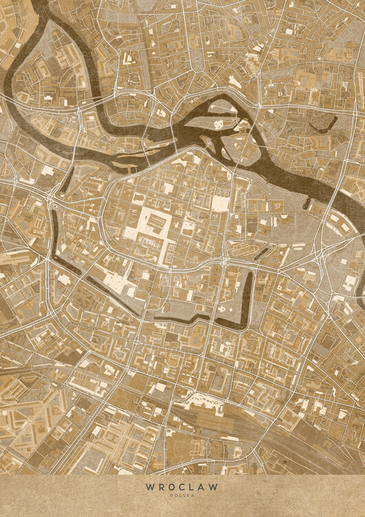 Poster Map of Wroclaw downtown (Poland) in sepia vintage style