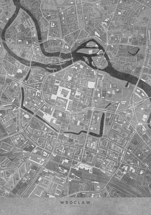 Poster Map of Wroclaw downtown (Poland) in gray vintage style