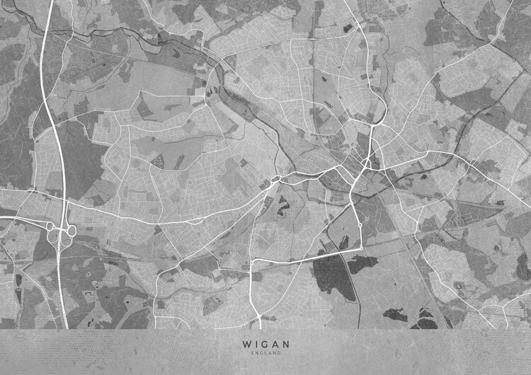 Poster Map of Wigan (England) in gray vintage style