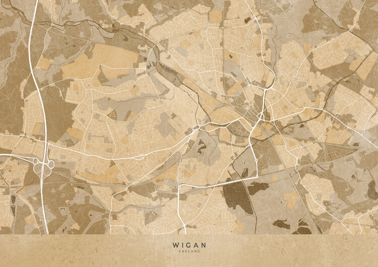 Poster Map of Wigan (England) in sepia vintage style