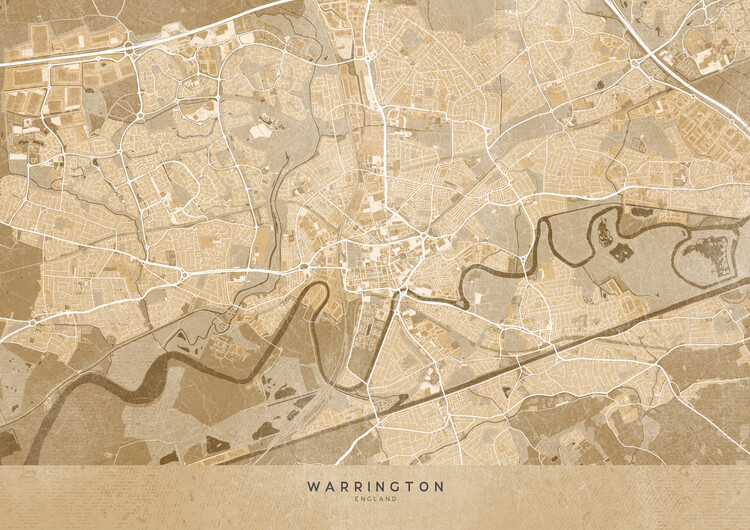 Poster Map of Warrington (England) in gray vintage style