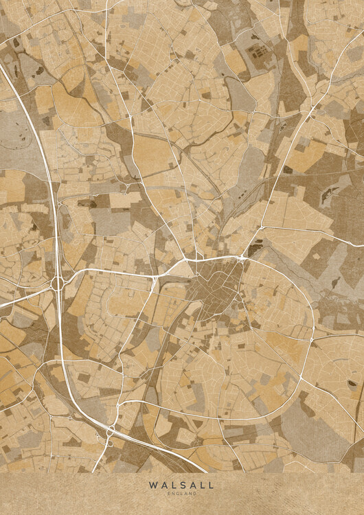 Poster Map of Walsall (England) in sepia vintage style