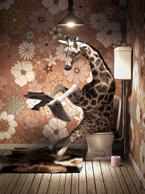 Poster Giraffe on the Toilet Reading a Newspaper, Funny Animal Wall