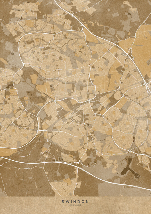 Poster Map of Swindon (England) in sepia vintage style