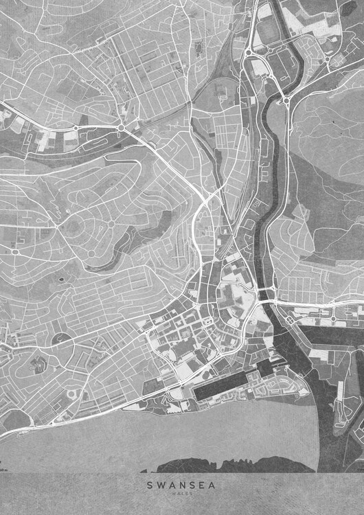 Poster Map of Swansea (England) in gray vintage style