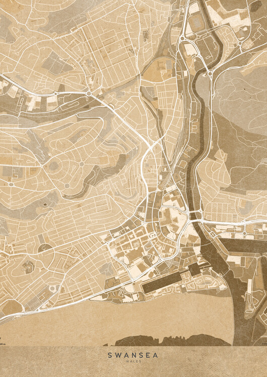 Poster Map of Swansea (England) in sepia vintage style
