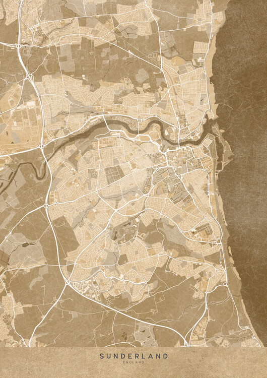 Poster Map of Sunderland (England) in sepia vintage style