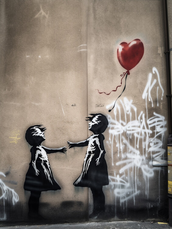 Plakát Two girls and a Balloon , Banksy style