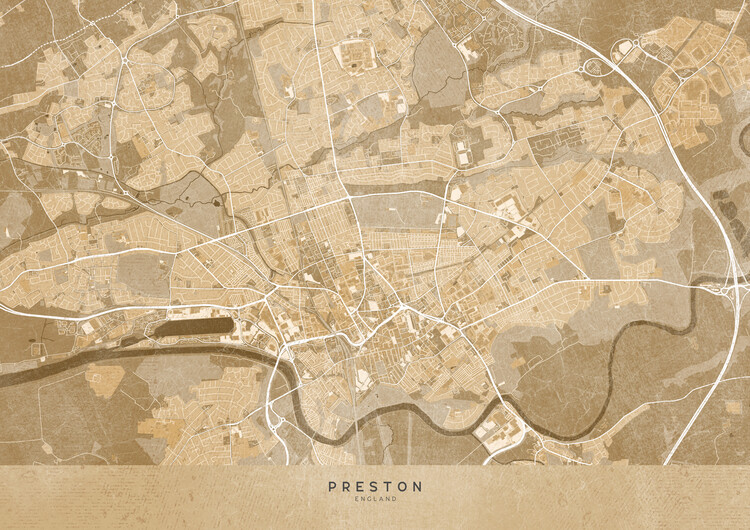 Poster Map of Preston (England) in sepia vintage style