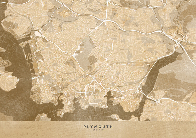 Poster Map of Oxford downtown (England) in sepia vintage style