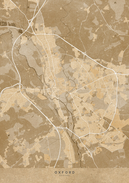 Poster Map of Oxford (England) in sepia vintage style