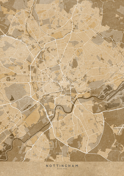 Poster Map of Nottingham (England) in sepia vintage style