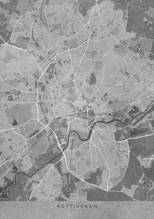 Poster Map of Nottingham (England) in gray vintage style