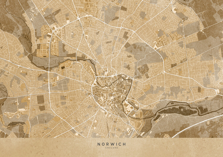 Poster Map of Norwich (England) in sepia vintage style